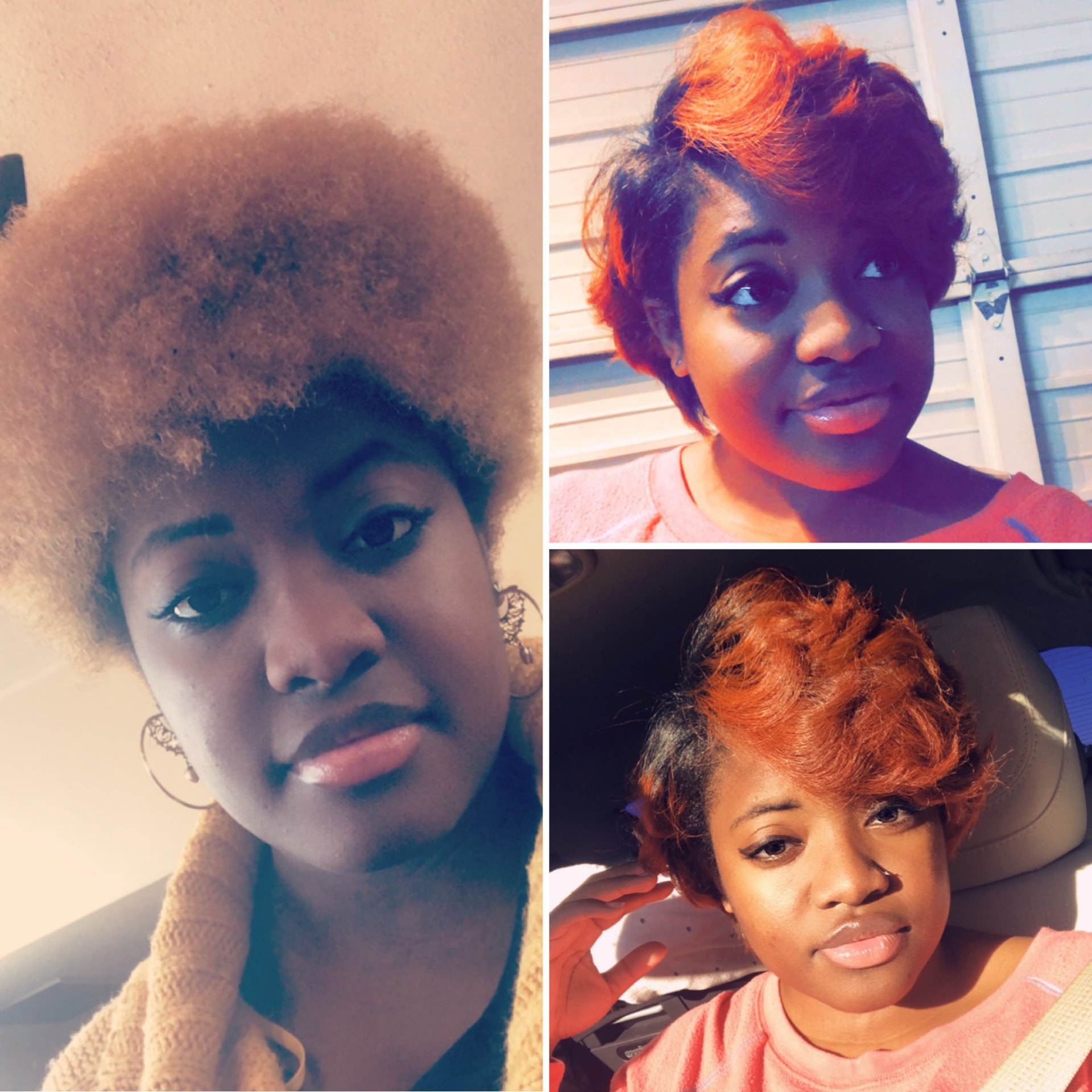 Before and after silk press transformation — natural texture styled into a copper-colored look by Stephanie Bessant