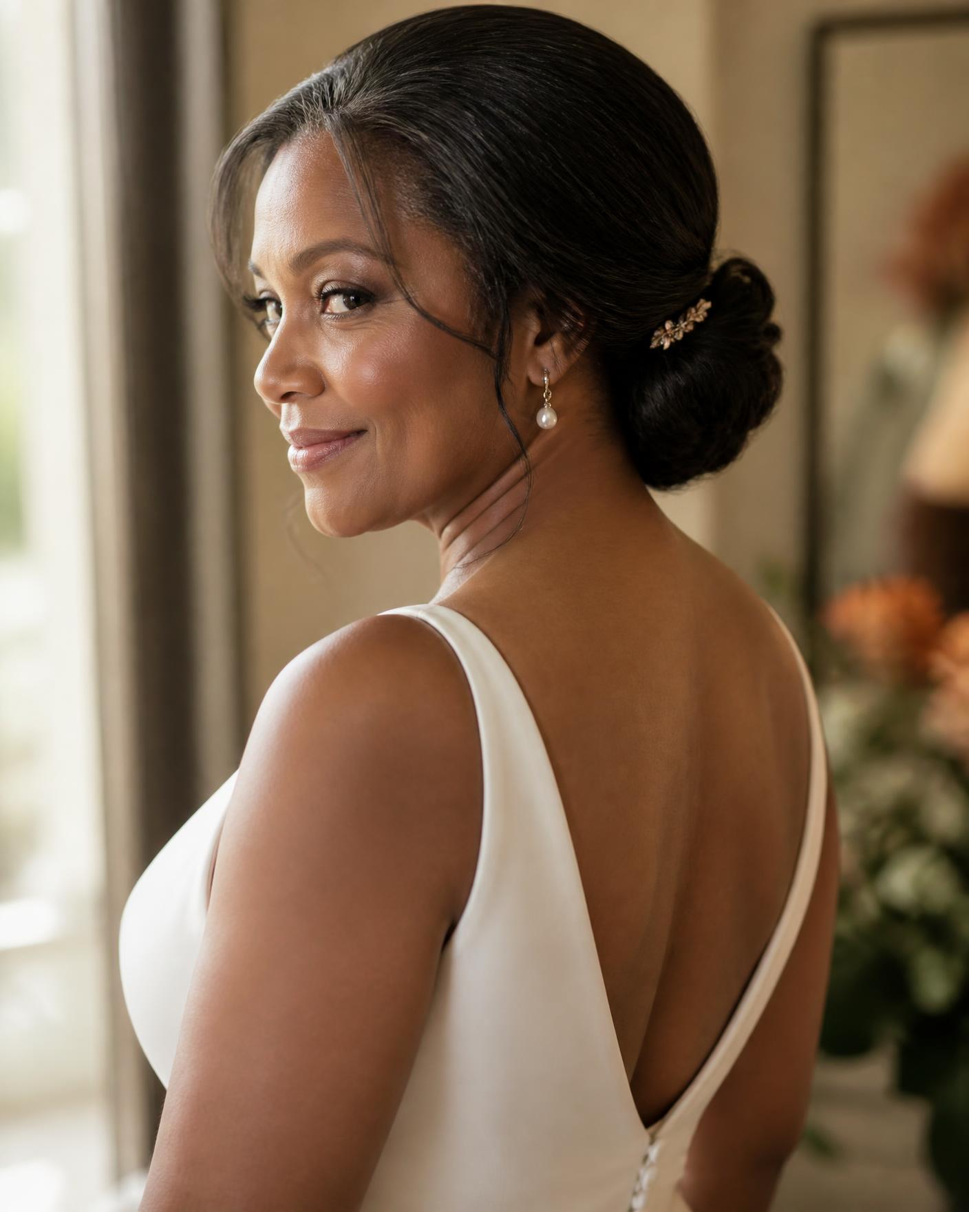 African American bride with a simple, elegant low bridal updo and gold hairpin styled on location near Savannah, Georgia